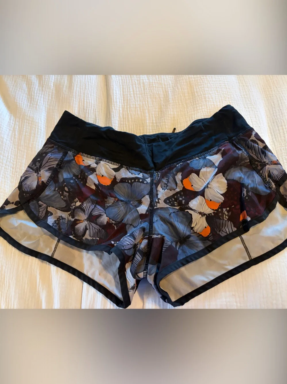 lululemon athletica Black Butterfly-Print Athletic Shorts with Orange Accents